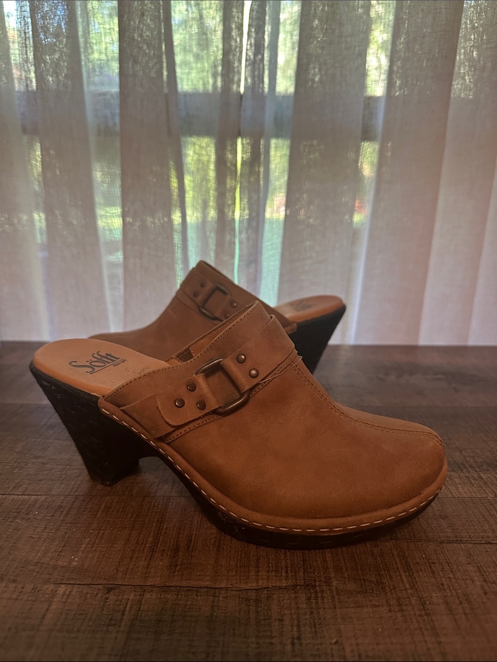 Sofft Brown Leather Buckle Clog Heels